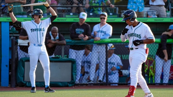Daytona Tortugas Alfredo Alcantara scores a solo home run during a game with the Palm Beach Cardinals at Jackie Robinson Ballpark in Daytona Beach, Saturday, July 26, 2025.