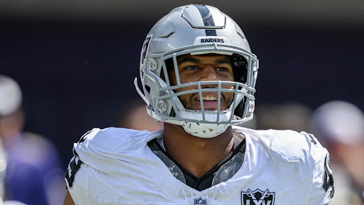 Sep 15, 2024; Baltimore, Maryland, USA; Las Vegas Raiders defensive end Charles Snowden (49) jogs on the field before the game against the Baltimore Ravens at M&T Bank Stadium. Mandatory Credit: Reggie Hildred-Imagn Images