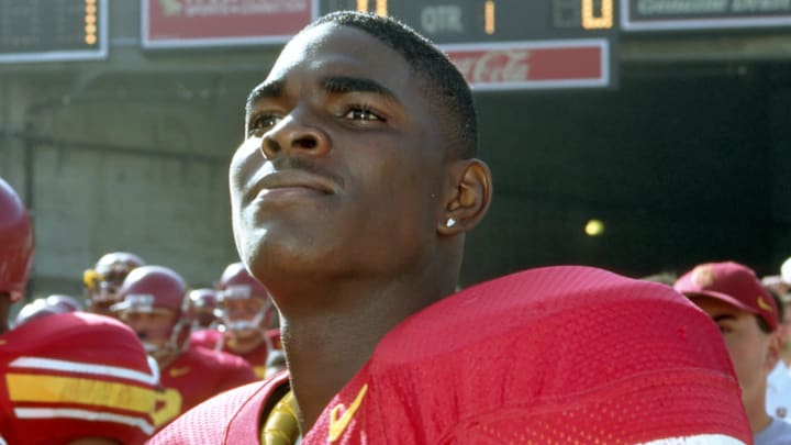 Nov 18, 1995; Los Angeles, CA, USA; FILE PHOTO; Southern California receiver Keyshawn Johnson (3) during introductions prior to the game against UCLA at the Los Angeles Coliseum. UCLA defeated USC 24-20. Mandatory Credit: Imagn Images