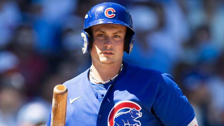Mar 24, 2026; Mesa, Arizona, USA; Chicago Cubs first baseman Josiah Hartshorn against the New York Yankees during spring training at Sloan Park. Mandatory Credit: Mark J. Rebilas-Imagn Images