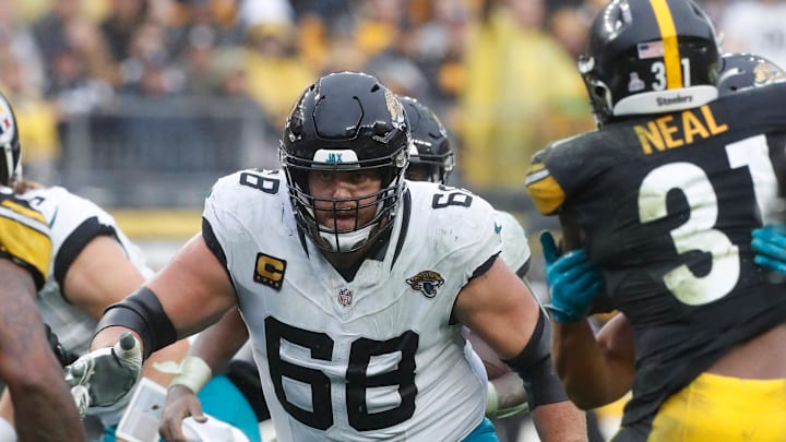 Oct 29, 2023; Pittsburgh, Pennsylvania, USA;  Jacksonville Jaguars guard Brandon Scherff (68) at Acrisure Stadium. Mandatory Credit: Charles LeClaire-USA TODAY Sports