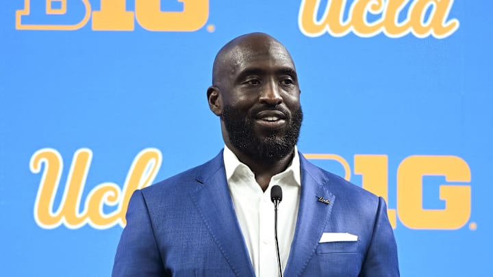 Jul 24, 2024; Indianapolis, IN, USA;  UCLA Bruins head coach DeShaun Foster speaks to the media during the Big 10 football media day at Lucas Oil Stadium. Mandatory Credit: Robert Goddin-Imagn Images