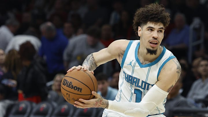 Mar 10, 2025; Miami, Florida, USA;  Charlotte Hornets guard LaMelo Ball (1) in action against the Miami Heat during the first half at Kaseya Center. Mandatory Credit: Rhona Wise-Imagn Images
