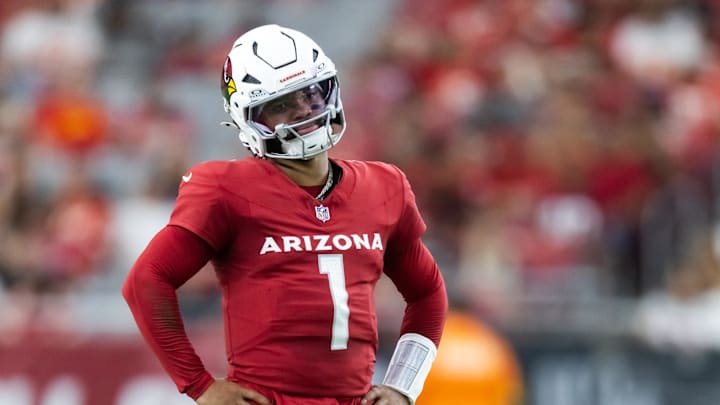 Aug 9, 2025; Glendale, Arizona, USA; Arizona Cardinals quarterback Kyler Murray (1) reacts after a yellow penalty flag is thrown against the Kansas City Chiefs during a preseason NFL game at State Farm Stadium. Mandatory Credit: Mark J. Rebilas-Imagn Images
