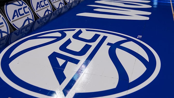 Mar 8, 2024; Greensboro, NC, USA; General view of the ACC logo before the game between Notre Dame vs Louisville at Greensboro Coliseum. Mandatory Credit: David Yeazell-Imagn Images Mar 8, 2024; Greensboro, NC, USA; General view of the ACC logo before the game between Notre Dame vs Louisville at Greensboro Coliseum. Mandatory Credit: David Yeazell-Imagn Images