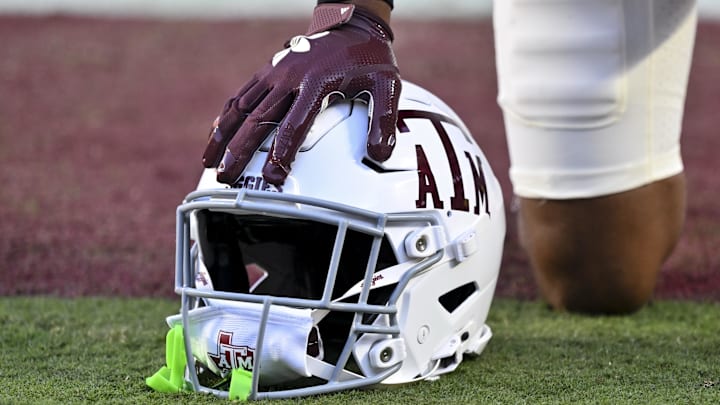 Oct 11, 2025; College Station, Texas, USA; A detail view of Texas A&M Aggies safety Bryce Anderson helmet prior to the game against the Florida Gators at Kyle Field. Mandatory Credit: Maria Lysaker-Imagn Images 