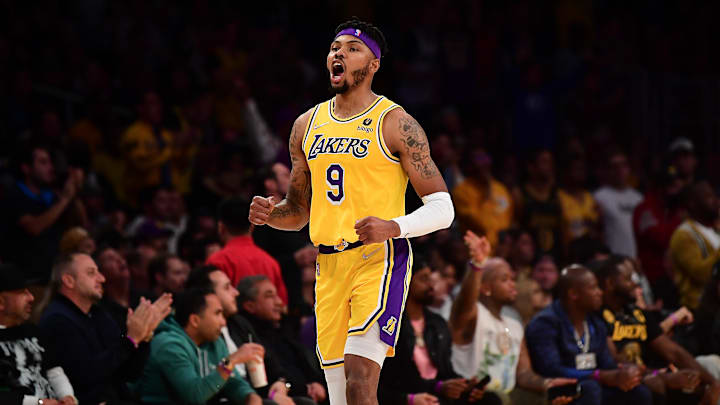 Mar 1, 2022; Los Angeles, California, USA; Los Angeles Lakers forward Kent Bazemore (9) reacts against the Dallas Mavericks during the second half at Crypto.com Arena. Mandatory Credit: Gary A. Vasquez-Imagn Images