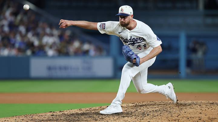 Jul 4, 2026; Los Angeles, California, USA; Los Angeles Dodgers pitcher Brock Stewart (41) delivers in the eighth inning against the San Diego Padres at Dodger Stadium. Mandatory Credit: Kiyoshi Mio-Imagn Images Jul 4, 2026; Los Angeles, California, USA; Los Angeles Dodgers pitcher Brock Stewart (41) delivers in the eighth inning against the San Diego Padres at Dodger Stadium. Mandatory Credit: Kiyoshi Mio-Imagn Images