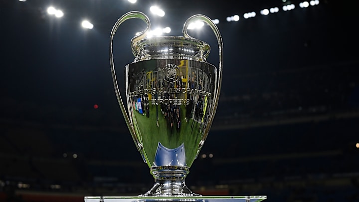 The Champions League trophy is seen prior the UEFA Champions...