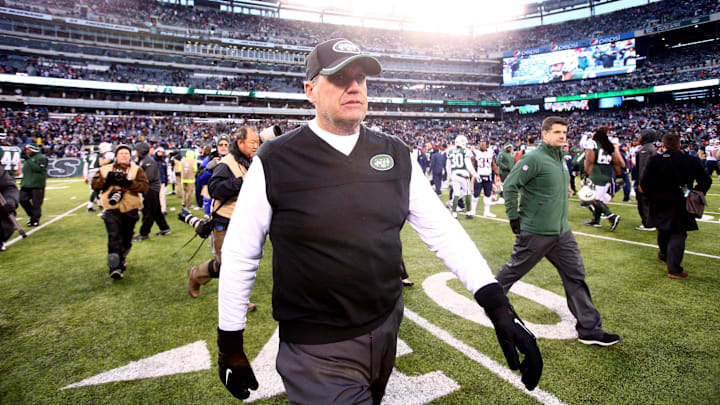 Dec 21, 2014; East Rutherford, NJ, USA; New York Jets head coach Rex Ryan walks off the field after losing to the New England Patriots at MetLife Stadium. The Patriots defeated the Jets 17-16. 