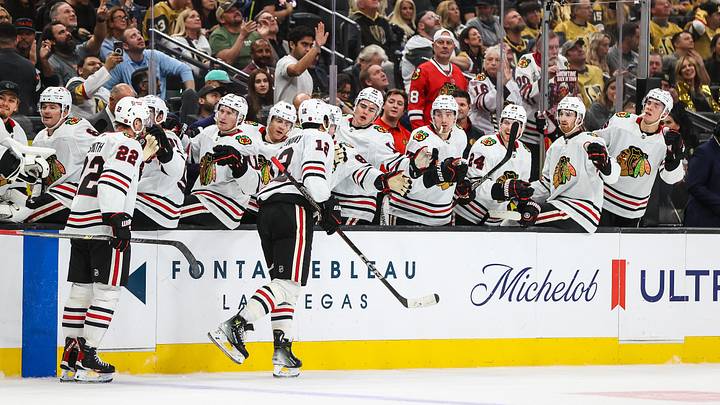 Jordan Greenway celebrates after scoring the first goal of the 2026-27 season for the Chicago Blackhawks. Mandatory Credit: Christopher Trim-Imagn Images