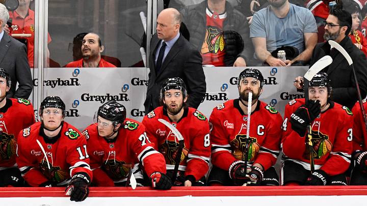 Jan 19, 2026; Chicago, Illinois, USA; Chicago Blackhawks head coach Jeff Blashill looks on from the bench during the third period against the Winnipeg Jets at United Center. Mandatory Credit: Matt Marton-Imagn Images