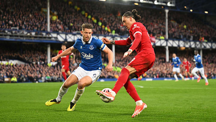 Darwin Nunez and James Tarkowski in prior Merseyside derby action Darwin Nunez and James Tarkowski in prior Merseyside derby action