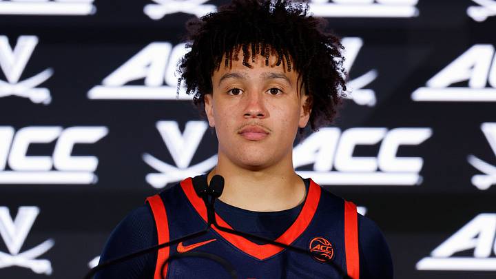 Virginia guard Chance Mallory talks to the media at the 2026 ACC Tipoff in Charlotte, N.C., Wednesday, Oct. 7, 2026. (Nell Redmond/ACC Photo)