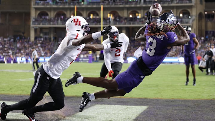 Oct 4, 2024; Fort Worth, Texas, USA; TCU Horned Frogs wide receiver Savion Williams (3) cannot catch a pass in the end zone against the Houston Cougars in the third quarter at Amon G. Carter Stadium. Mandatory Credit: Tim Heitman-Imagn Images