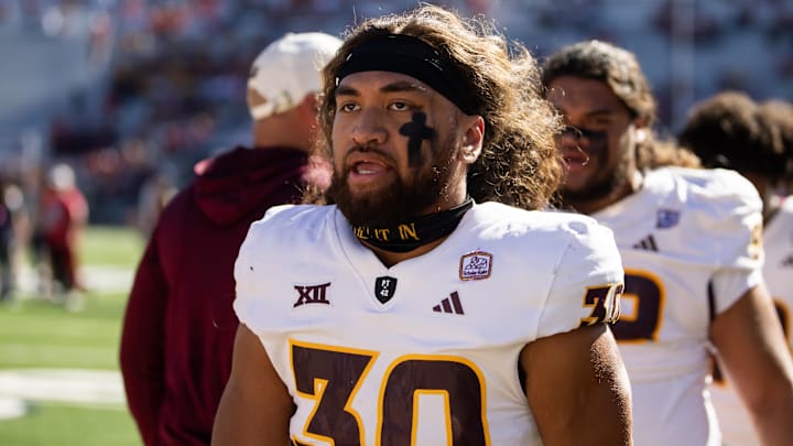 Nov 30, 2024; Tucson, Arizona, USA; Arizona State Sun Devils linebacker Zyrus Fiaseu (30) against the Arizona Wildcats during the Territorial Cup at Arizona Stadium. Mandatory Credit: Mark J. Rebilas-Imagn Images