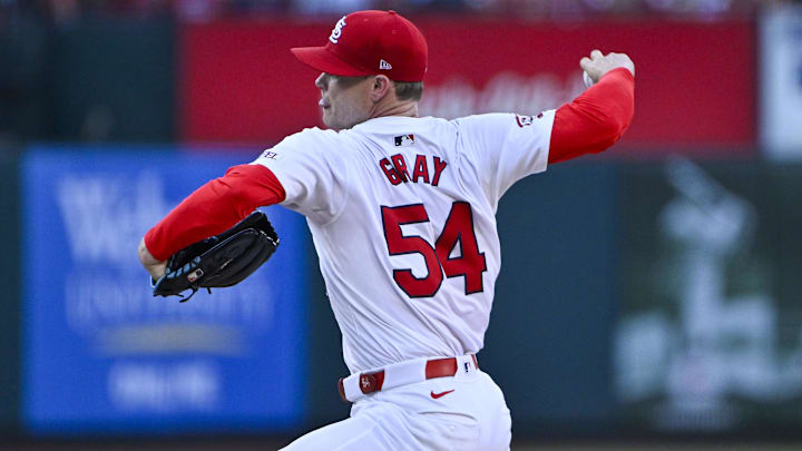 Jun 12, 2024; St. Louis, Missouri, USA; St. Louis Cardinals starting pitcher Sonny Gray (54) pitches against the Pittsburgh Pirates during the first inning at Busch Stadium Jun 12, 2024; St. Louis, Missouri, USA; St. Louis Cardinals starting pitcher Sonny Gray (54) pitches against the Pittsburgh Pirates during the first inning at Busch Stadium