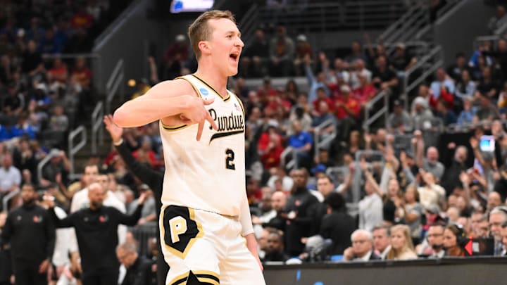 Purdue Boilermakers guard Fletcher Loyer (2) celebrates a three-point basket.