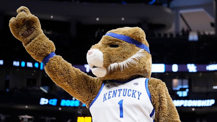 University of Kentucky's official mascot The Wildcat signals to the crowd during the first half of their first round NCAA men’ s basketball tournament game against Troy on Friday March 21, 2025 at Fiserv Forum in Milwaukee, Wis. University of Kentucky's official mascot The Wildcat signals to the crowd during the first half of their first round NCAA men’ s basketball tournament game against Troy on Friday March 21, 2025 at Fiserv Forum in Milwaukee, Wis.
