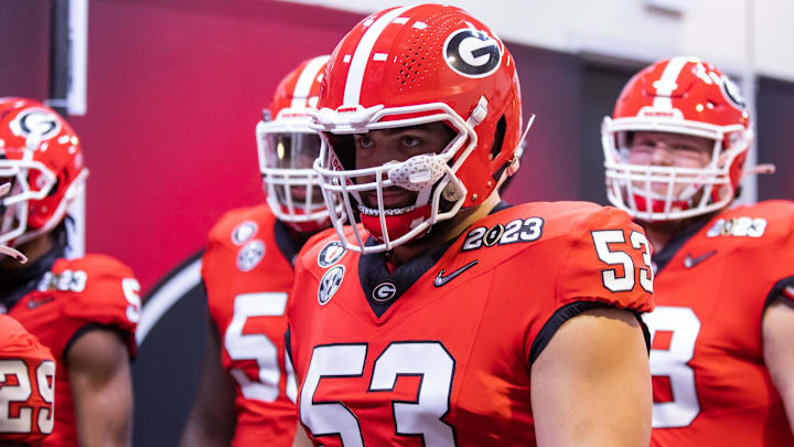 Jan 9, 2023; Inglewood, CA, USA; Georgia Bulldogs offensive lineman Dylan Fairchild (53) against the TCU Horned Frogs during the CFP national championship game at SoFi Stadium. Mandatory Credit: Mark J. Rebilas-Imagn Images Jan 9, 2023; Inglewood, CA, USA; Georgia Bulldogs offensive lineman Dylan Fairchild (53) against the TCU Horned Frogs during the CFP national championship game at SoFi Stadium. Mandatory Credit: Mark J. Rebilas-Imagn Images