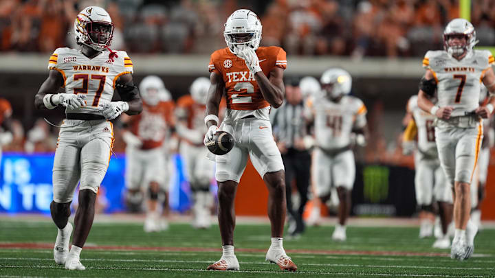 Texas Longhorns wide receiver Matthew Golden looks up the field after a catch in the first half against the Louisiana Monroe Warhawks
