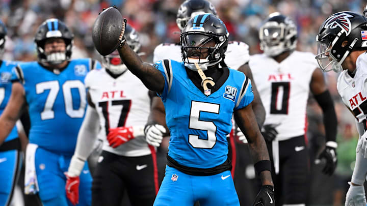 Oct 13, 2024; Charlotte, North Carolina, USA; Carolina Panthers wide receiver Diontae Johnson (5) reacts after making a catch in the second quarter at Bank of America Stadium. Mandatory Credit: Bob Donnan-Imagn Images