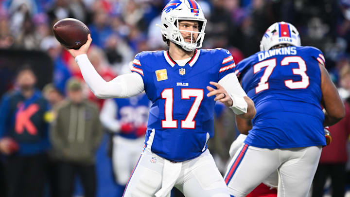 Nov 2, 2025; Orchard Park, New York, USA; Buffalo Bills quarterback Josh Allen (17) throws the ball in the second quarter against the Kansas City Chiefs at Highmark Stadium. 