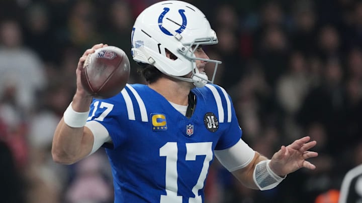 Nov 9, 2025; Berlin, Germany; Indianapolis Colts quarterback Daniel Jones (17) throws a pass against the Atlanta Falcons during the NFL Berlin Game at Olympic Stadium. Mandatory Credit: Kirby Lee-Imagn Images