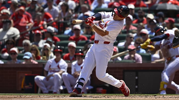 Apr 26, 2026; St. Louis, Missouri, USA; St. Louis Cardinals second baseman JJ Wetherholt (26) hits a solo home run against the Seattle Mariners in the third inning at Busch Stadium. Mandatory Credit: Joe Puetz-Imagn Images