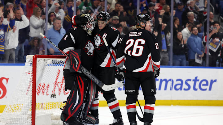 Apr 6, 2026; Buffalo, New York, USA; Buffalo Sabres goaltender Ukko-Pekka Luukkonen (1), center Tage Thompson (72) and defenseman Rasmus Dahlin (26) celebrate a win over the Tampa Bay Lightning at KeyBank Center. Mandatory Credit: Timothy T. Ludwig-Imagn Images Apr 6, 2026; Buffalo, New York, USA; Buffalo Sabres goaltender Ukko-Pekka Luukkonen (1), center Tage Thompson (72) and defenseman Rasmus Dahlin (26) celebrate a win over the Tampa Bay Lightning at KeyBank Center. Mandatory Credit: Timothy T. Ludwig-Imagn Images