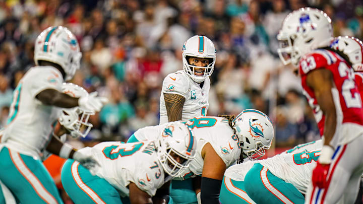 Sep 17, 2023; Foxborough, Massachusetts, USA; Miami Dolphins quarterback Tua Tagovailoa (1) at the