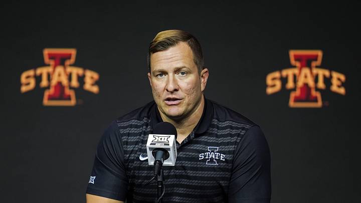 Oct 23, 2024; Kansas City, MO, USA; Iowa State Cyclones head coach T. J. Otzelberger talks to media during the Big 12 Men’s Basketball Media Day at T-Mobile Center. Oct 23, 2024; Kansas City, MO, USA; Iowa State Cyclones head coach T. J. Otzelberger talks to media during the Big 12 Men’s Basketball Media Day at T-Mobile Center.