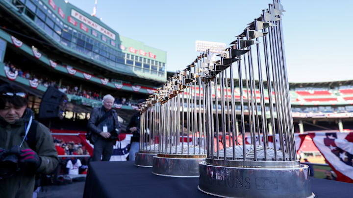 Oct 31, 2018; Boston, MA, USA; Boston Red Sox championship trophies on display at Fenway Park before the World Series victory parade. Mandatory Credit: Paul Rutherford-Imagn Images Oct 31, 2018; Boston, MA, USA; Boston Red Sox championship trophies on display at Fenway Park before the World Series victory parade. Mandatory Credit: Paul Rutherford-Imagn Images