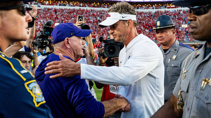 LSU head coach Brian Kelly and Ole Miss head coach Lane Kiffin shake hands after a college football game between Ole Miss and LSU at Vaught-Hemingway Stadium in Oxford, Miss., on Saturday, Sept. 27, 2025. Ole Miss defeated LSU 24-19. LSU head coach Brian Kelly and Ole Miss head coach Lane Kiffin shake hands after a college football game between Ole Miss and LSU at Vaught-Hemingway Stadium in Oxford, Miss., on Saturday, Sept. 27, 2025. Ole Miss defeated LSU 24-19.