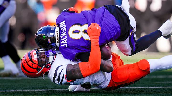 Cincinnati Bengals linebacker Demetrius Knight Jr. (44) sacked Baltimore Ravens quarterback Lamar Jackson (8) in the first quarter of the NFL Week 15 game between the Cincinnati Bengals and the Baltimore Ravens at Paycor Stadium in Cincinnati on Sunday, Dec. 14, 2025. Cincinnati Bengals linebacker Demetrius Knight Jr. (44) sacked Baltimore Ravens quarterback Lamar Jackson (8) in the first quarter of the NFL Week 15 game between the Cincinnati Bengals and the Baltimore Ravens at Paycor Stadium in Cincinnati on Sunday, Dec. 14, 2025.