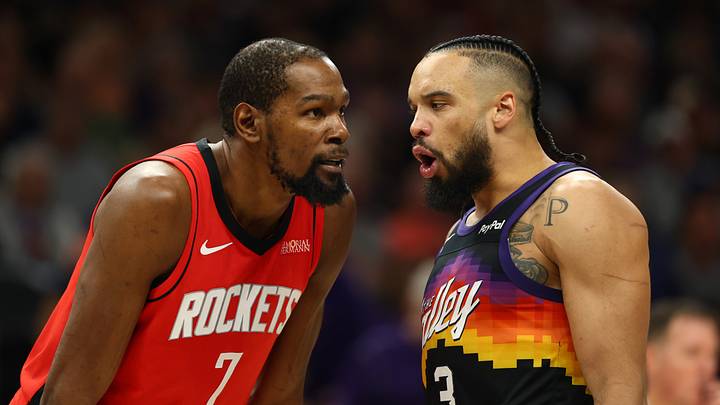 Apr 7, 2026; Phoenix, Arizona, USA; Houston Rockets forward Kevin Durant (7) against Phoenix Suns forward Dillon Brooks (3) at Mortgage Matchup Center. Mandatory Credit: Mark J. Rebilas-Imagn Images Apr 7, 2026; Phoenix, Arizona, USA; Houston Rockets forward Kevin Durant (7) against Phoenix Suns forward Dillon Brooks (3) at Mortgage Matchup Center. Mandatory Credit: Mark J. Rebilas-Imagn Images