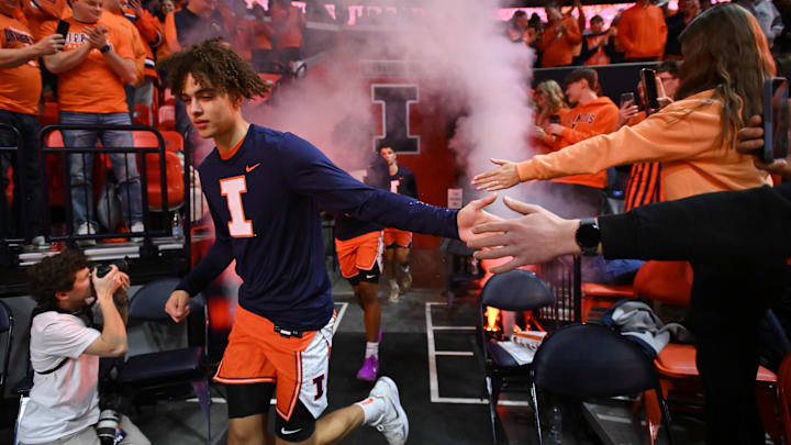 Feb 4, 2026; Champaign, Illinois, USA;  Illinois Fighting Illini guard Keaton Wagler (23) takes the court before tip-off against the Northwestern Wildcats at State Farm Center. Mandatory Credit: Ron Johnson-Imagn Images