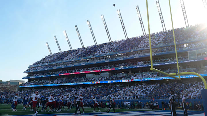Kansas Jayhawks place kicker Laith Marjan (99) kicks an extra point during the game between Fresno State and Kansas at David Booth Kansas Memorial Stadium on Aug. 23, 2025. Kansas Jayhawks place kicker Laith Marjan (99) kicks an extra point during the game between Fresno State and Kansas at David Booth Kansas Memorial Stadium on Aug. 23, 2025.