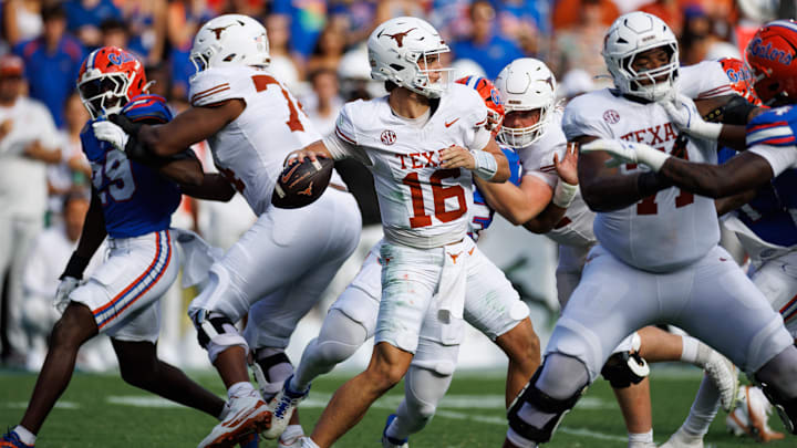 Oct 4, 2025; Gainesville, Florida, USA; Texas Longhorns quarterback Arch Manning (16) throws the ball in the pocket against the Florida Gators during the first half at Ben Hill Griffin Stadium. Mandatory Credit: Matt Pendleton-Imagn Images