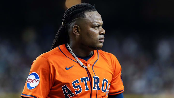 Jul 22, 2025; Phoenix, Arizona, USA; Houston Astros pitcher Framber Valdez against the Arizona Diamondbacks at Chase Field. Mandatory Credit: Mark J. Rebilas-Imagn Images