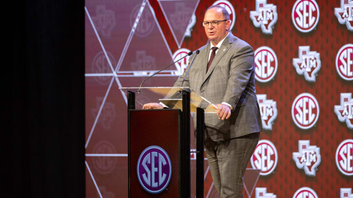 Jul 18, 2024; Dallas, TX, USA; Texas A&M head coach Mike Elko speaking at Omni Dallas Hotel. Jul 18, 2024; Dallas, TX, USA; Texas A&M head coach Mike Elko speaking at Omni Dallas Hotel.