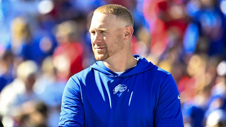 Oct 20, 2024; Orchard Park, New York, USA; Buffalo Bills offensive coordinator Joe Brady on th field before a game against the Tennessee Titans at Highmark Stadium. Mandatory Credit: Mark Konezny-Imagn Images