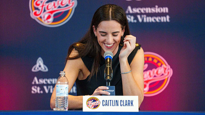 Indiana Fever's Caitlin Clark, former Iowa Hawkeye standout and the no. 1 pick in the 2024 WNBA draft, speaks Wednesday, April 17, 2024, during an introductory press conference inside the entry pavilion at Gainbridge Fieldhouse.
