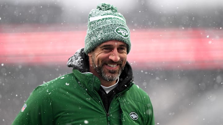 Jan 7, 2024; Foxborough, Massachusetts, USA; New York Jets quarterback Aaron Rodgers (8)  walks off
