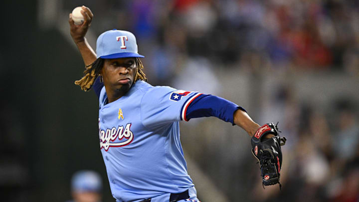Sep 1, 2024; Arlington, Texas, USA; Texas Rangers relief pitcher Jose Urena (54) pitches against the Oakland Athletics during the fourth inning at Globe Life Field. Mandatory Credit: Jerome Miron-Imagn Images