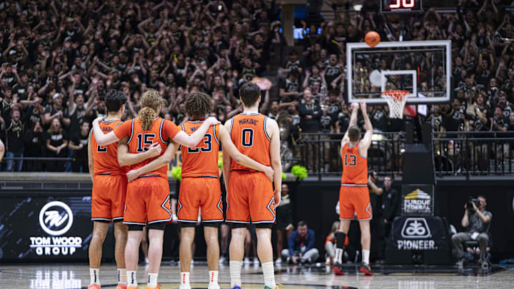 Jan 24, 2026; West Lafayette, Indiana, USA; Illinois Fighting Illini center Tomislav Ivisic (13) shoots a free throw during the second half against the Purdue Boilermakers at Mackey Arena. Mandatory Credit: Jacob Musselman-Imagn Images
