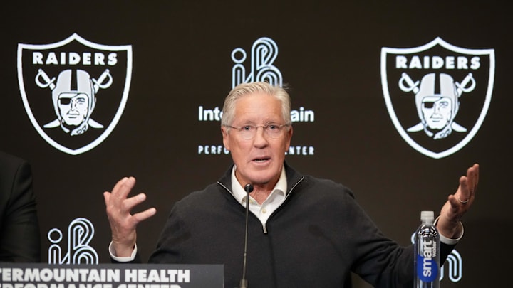 Jan 27, 2025; Las Vegas, NV, USA; Las Vegas Raiders coach Pete Carroll at press conference at Intermountain Health Performance Center. Mandatory Credit: Kirby Lee-Imagn Images Jan 27, 2025; Las Vegas, NV, USA; Las Vegas Raiders coach Pete Carroll at press conference at Intermountain Health Performance Center. Mandatory Credit: Kirby Lee-Imagn Images