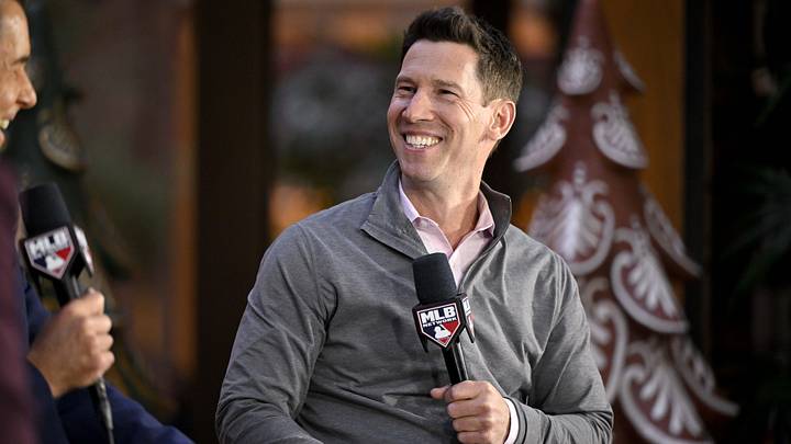 Dec 9, 2024; Dallas, TX, USA; Boston Red Sox chief baseball officer Craig Breslow speaks with the media 
at the Hilton Anatole during the 2024 MLB Winter Meetings. Mandatory Credit: Jerome Miron-Imagn Images