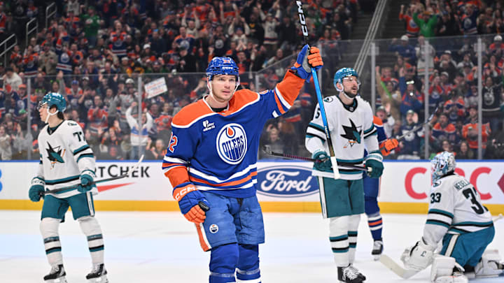 Mar 17, 2026; Edmonton, Alberta, CAN; Edmonton Oilers right winger Vasily Podkolzin (92) celebrates a goal on San Jose Sharks goalie Alex Nedeljkovic (33) during the first period at Rogers Place. Mandatory Credit: Walter Tychnowicz-Imagn Images