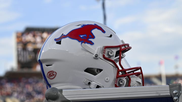 Sep 6, 2024; Dallas, Texas, USA; A view of a Southern Methodist Mustangs helmet during the game between the Southern Methodist Mustangs and the Brigham Young Cougars at Gerald J. Ford Stadium. Mandatory Credit: Jerome Miron-Imagn Images